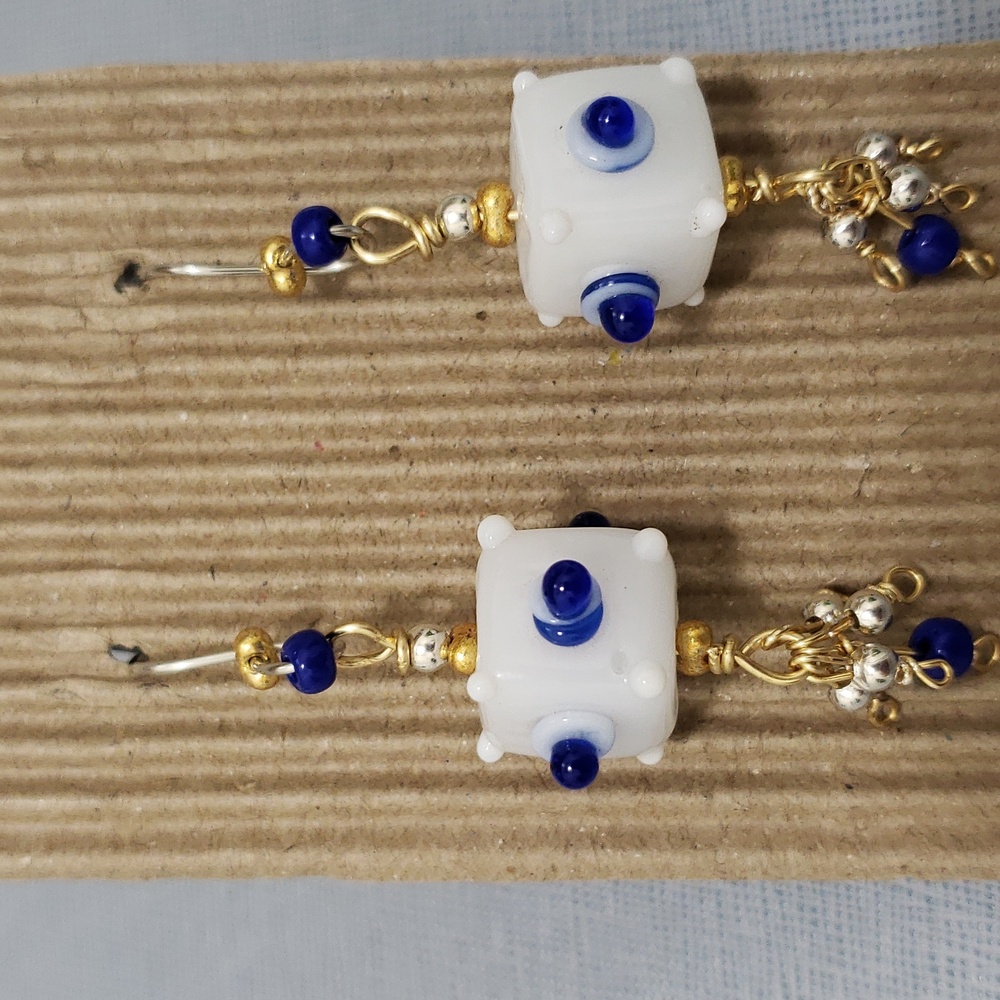 New Beautiful Handmade Bumpy Square Lampwork Glass Earrings Indianapolis Colts